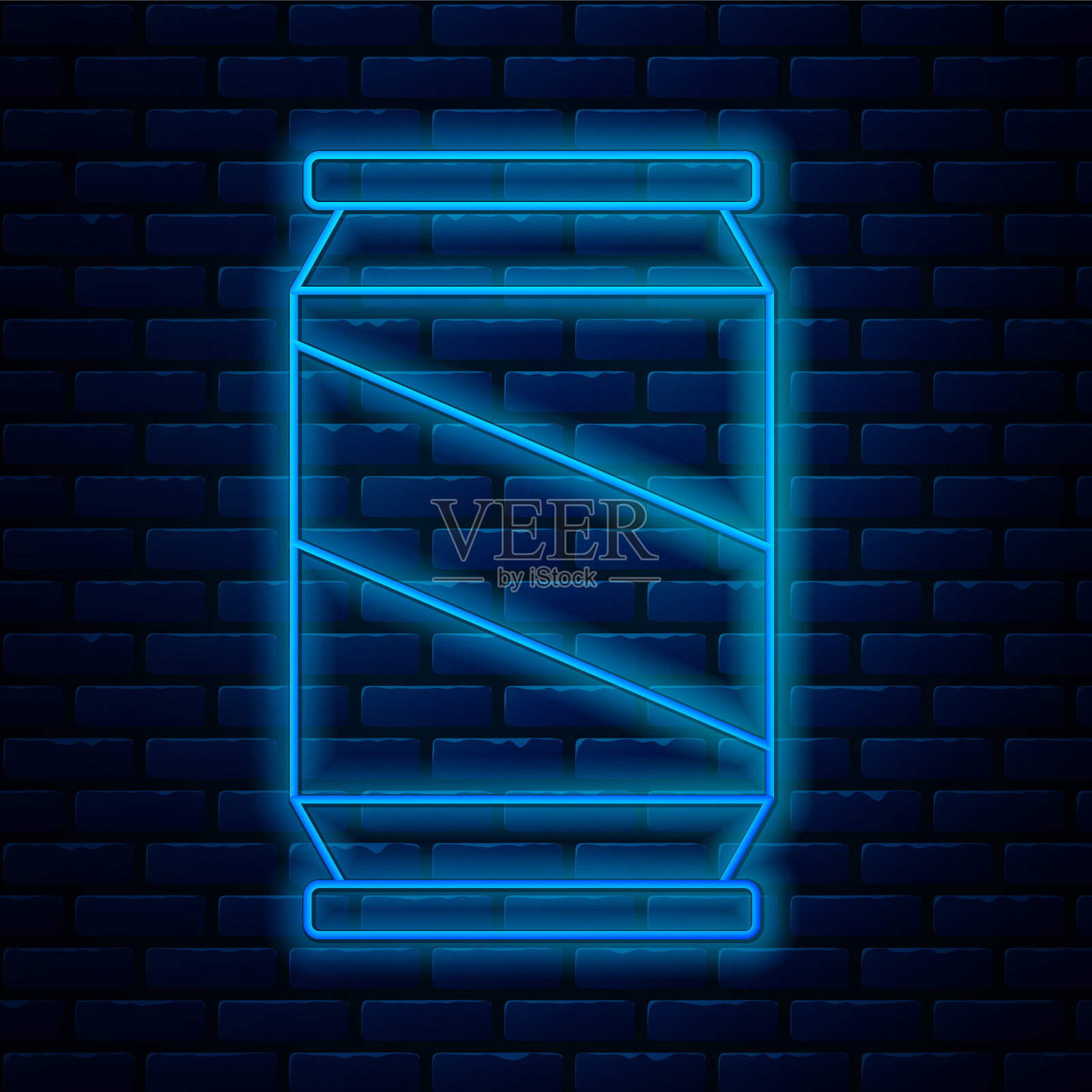 发光的霓虹灯线啤酒可以图标孤立的砖墙背景。向量插画图片素材