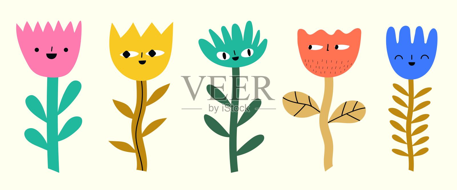 矢量花设置与涂鸦的面孔。插画图片素材