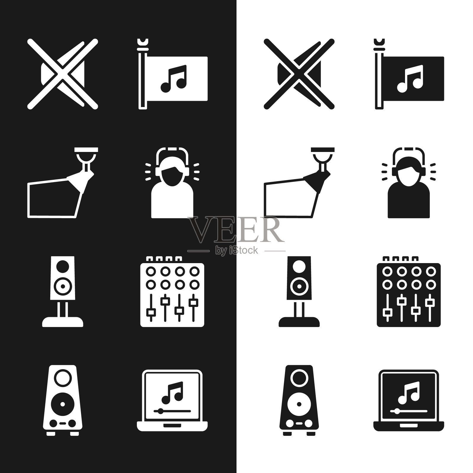 Set Man in耳机，电影聚光灯，扬声器静音，音乐节旗帜，立体声扬声器，混音控制器，笔记本电脑与音乐笔记和图标。向量图标素材