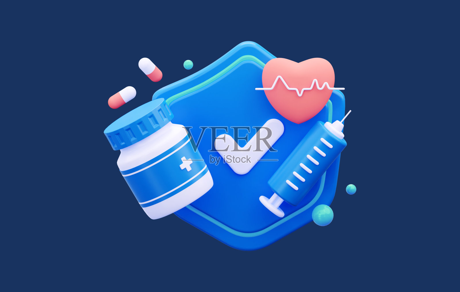 安全药物治疗的概念。药物与注射器和盾牌。3 d渲染。医疗卫生保健插画图片素材