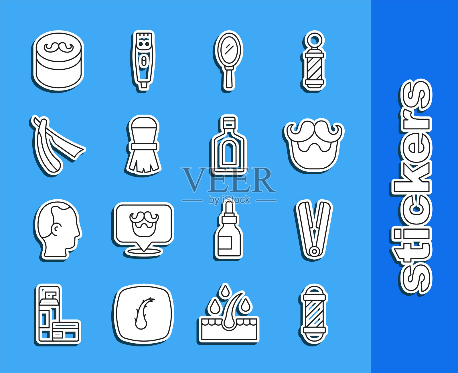 设置线经典理发店杆，卷发铁的头发，胡子和胡须，手镜，剃须刷，直剃刀，凝胶蜡造型和一瓶洗发水图标。向量图标素材