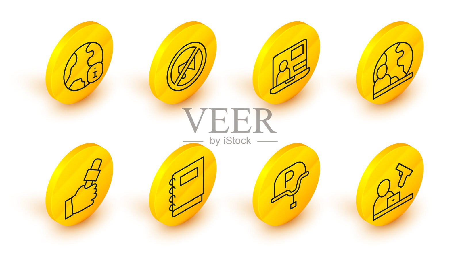 设置线犯罪新闻，战争记者，笔记本，记者，世界，审查邮票和图标。向量图标素材