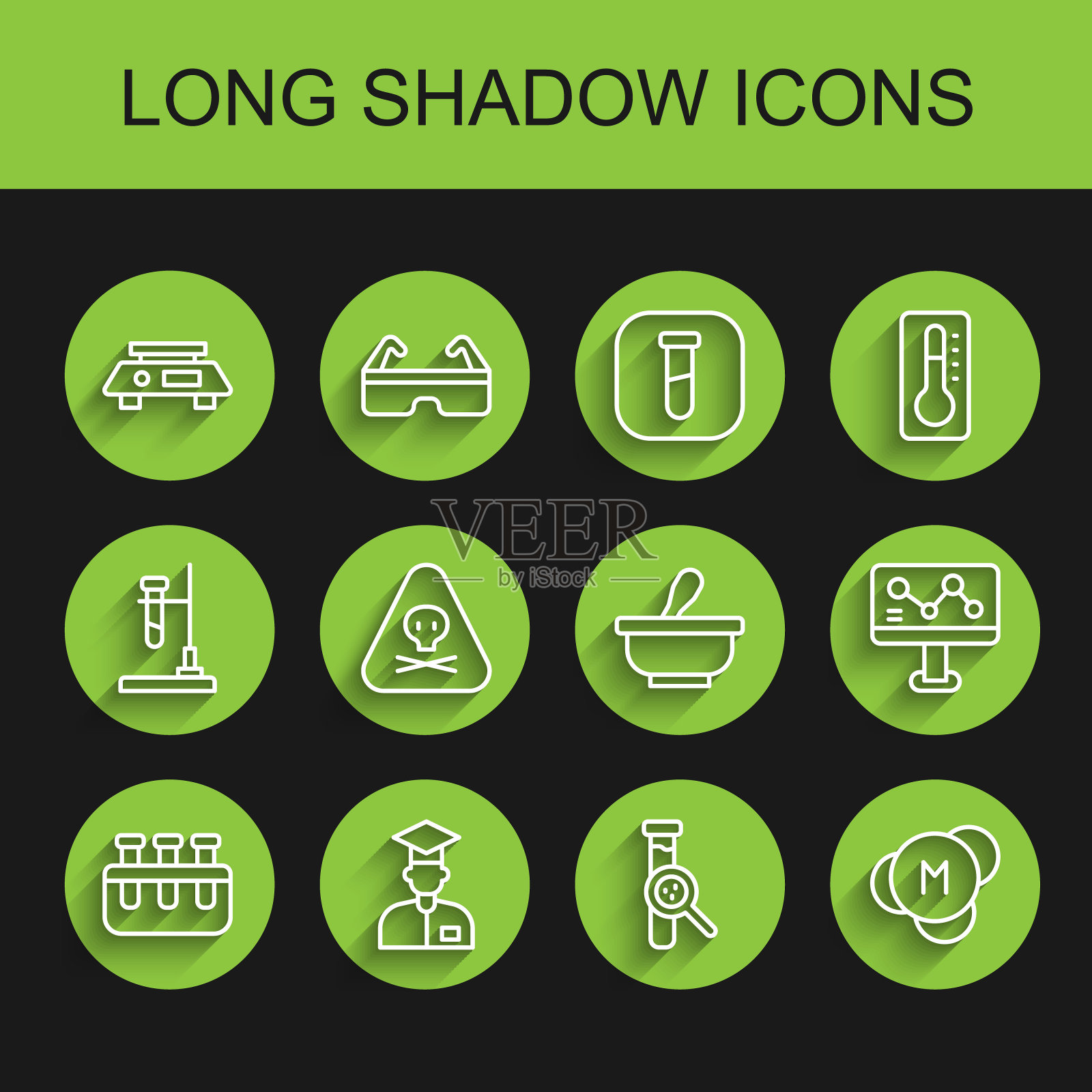 设置试管和烧瓶，实验室助理，电子秤，分子，三角形警告有毒，化学配方和研钵杵图标。向量插画图片素材