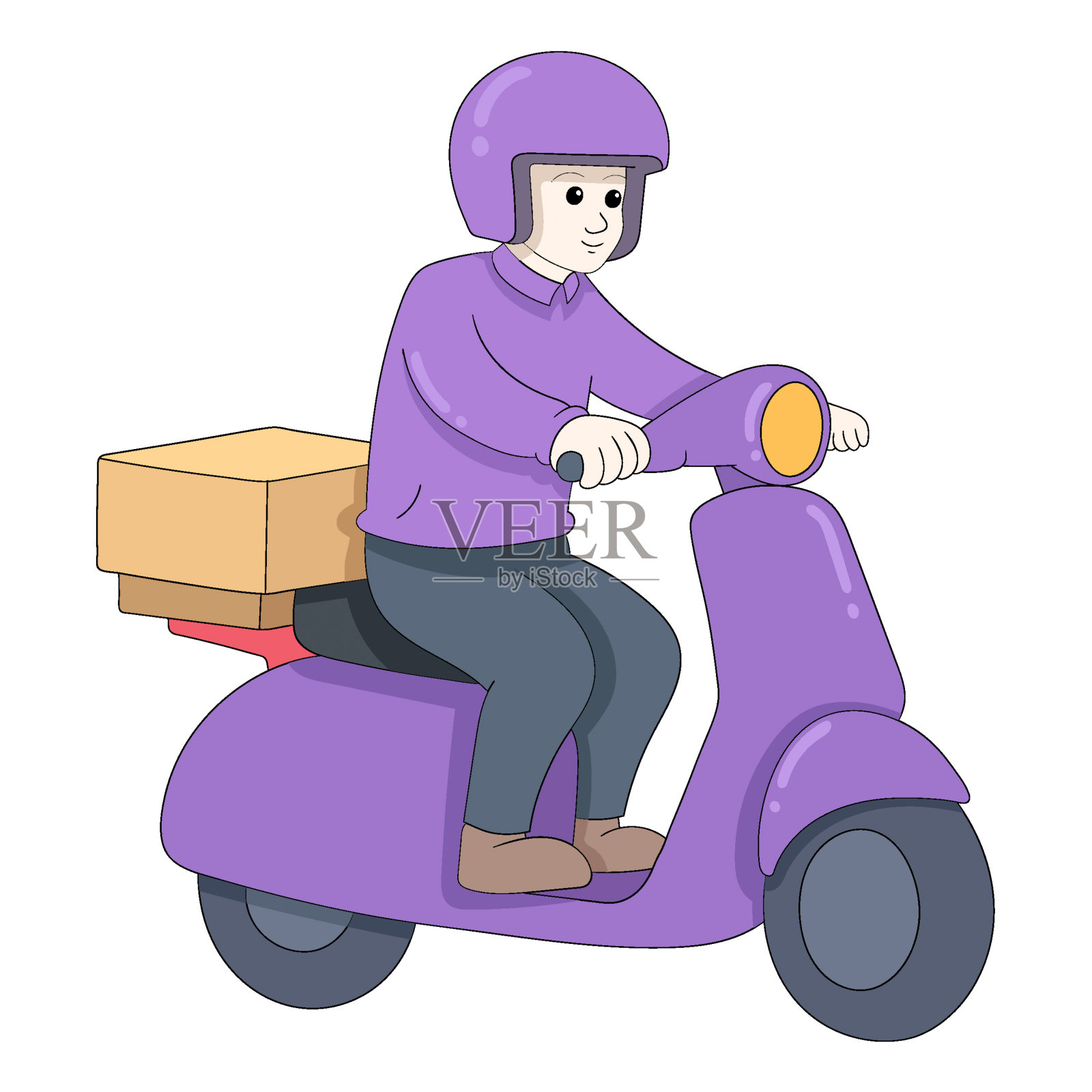 一名身穿紫色衣服的男性快递员骑着摩托车为顾客运送食品插画图片素材