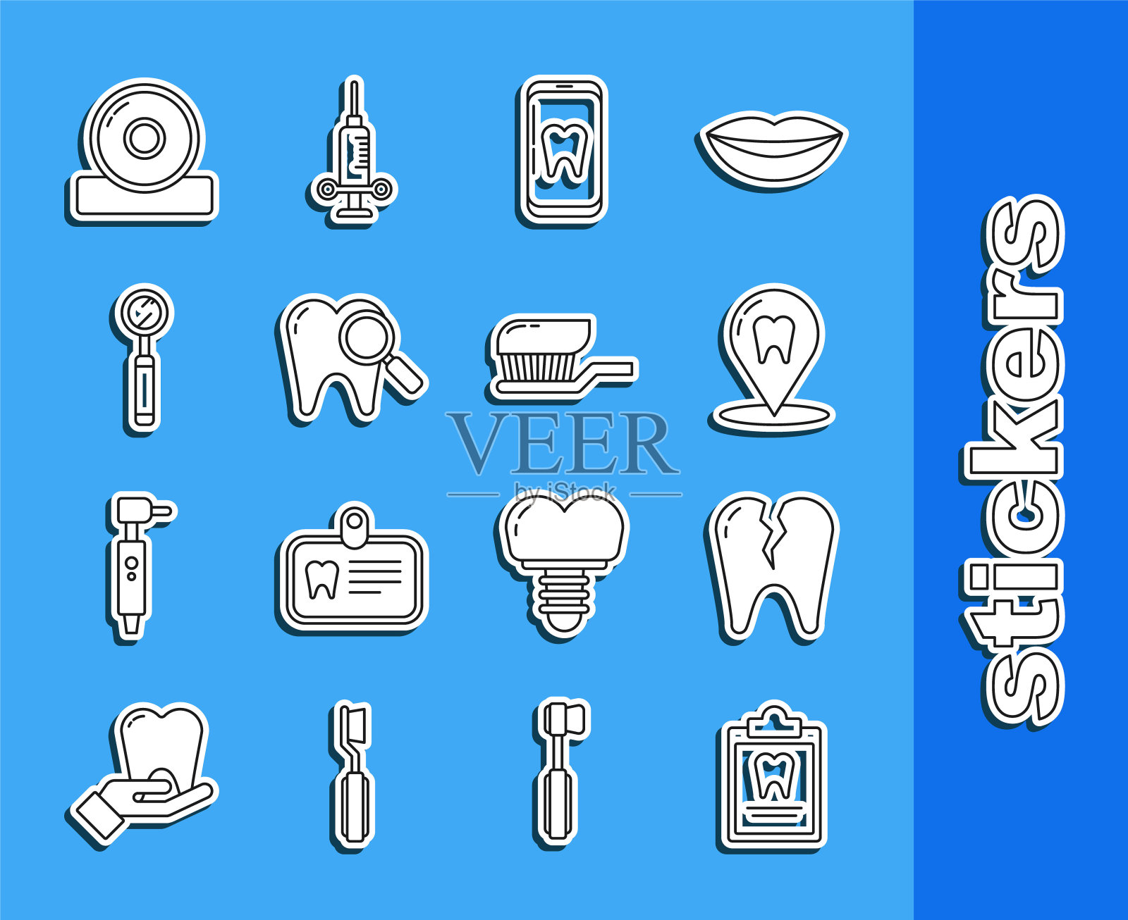 设置线剪贴板与牙科卡，断牙，牙科诊所的位置，在线护理，搜索，检查镜，耳鼻喉头部反射器和牙刷牙膏图标。向量图标素材