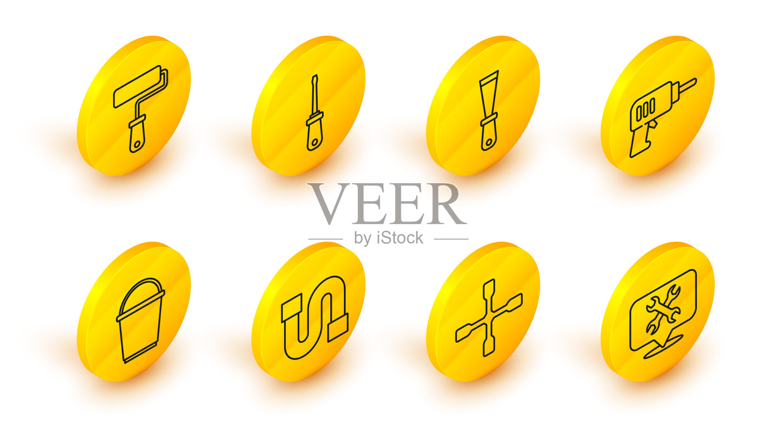 设置线位置与扳手，轮子，工业管，斗，电钻，油灰刀，螺丝刀和油漆辊刷图标。向量图标素材