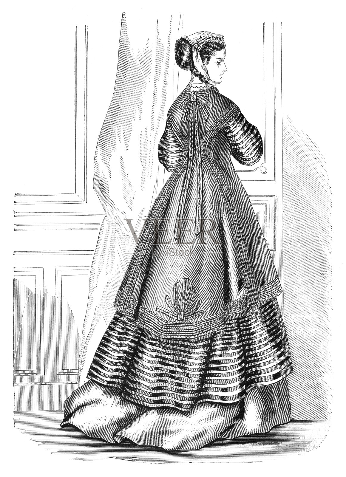 1868年，一名妇女穿着特别的街头和参观活动服装插画图片素材