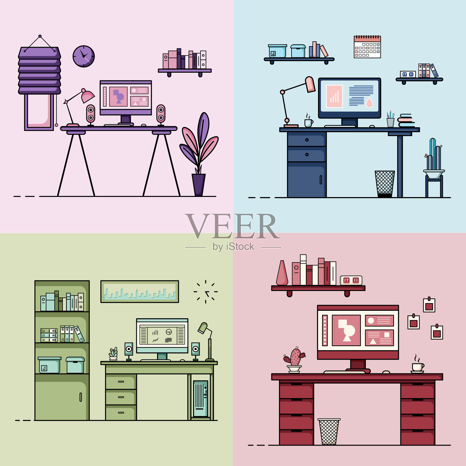 工作台平面设计，配有电脑、桌面、设备。办公桌，桌子，椅子，书插画图片素材