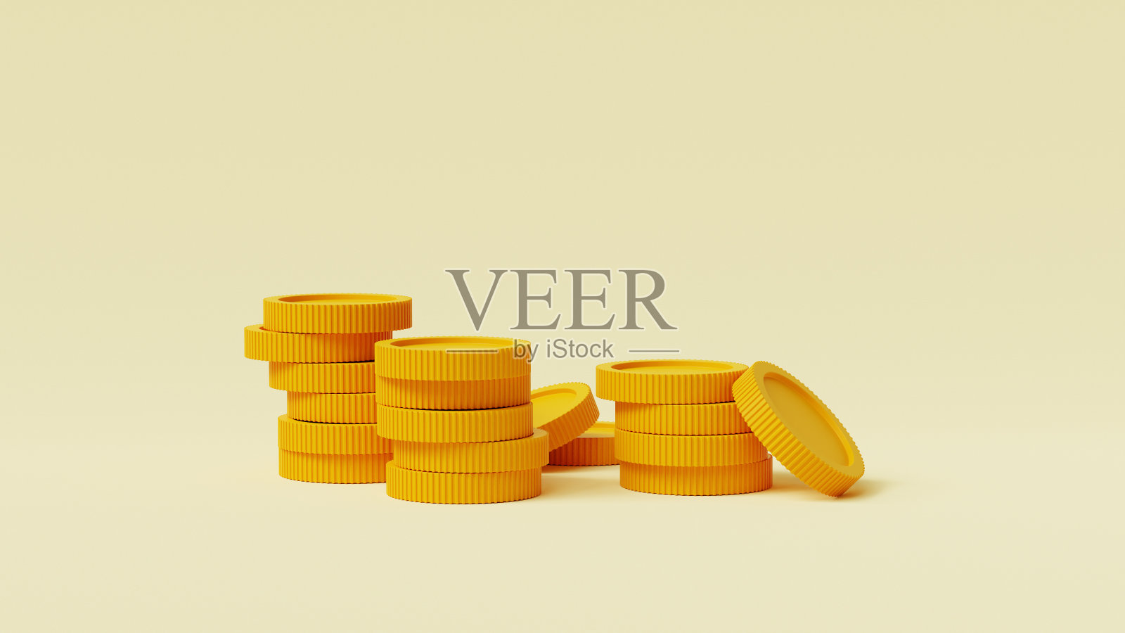 3D金币堆叠。成堆的金币渲染。空的金钱牌。增长，收入，储蓄，投资。财富的象征。商业成功。3D插图照片摄影图片