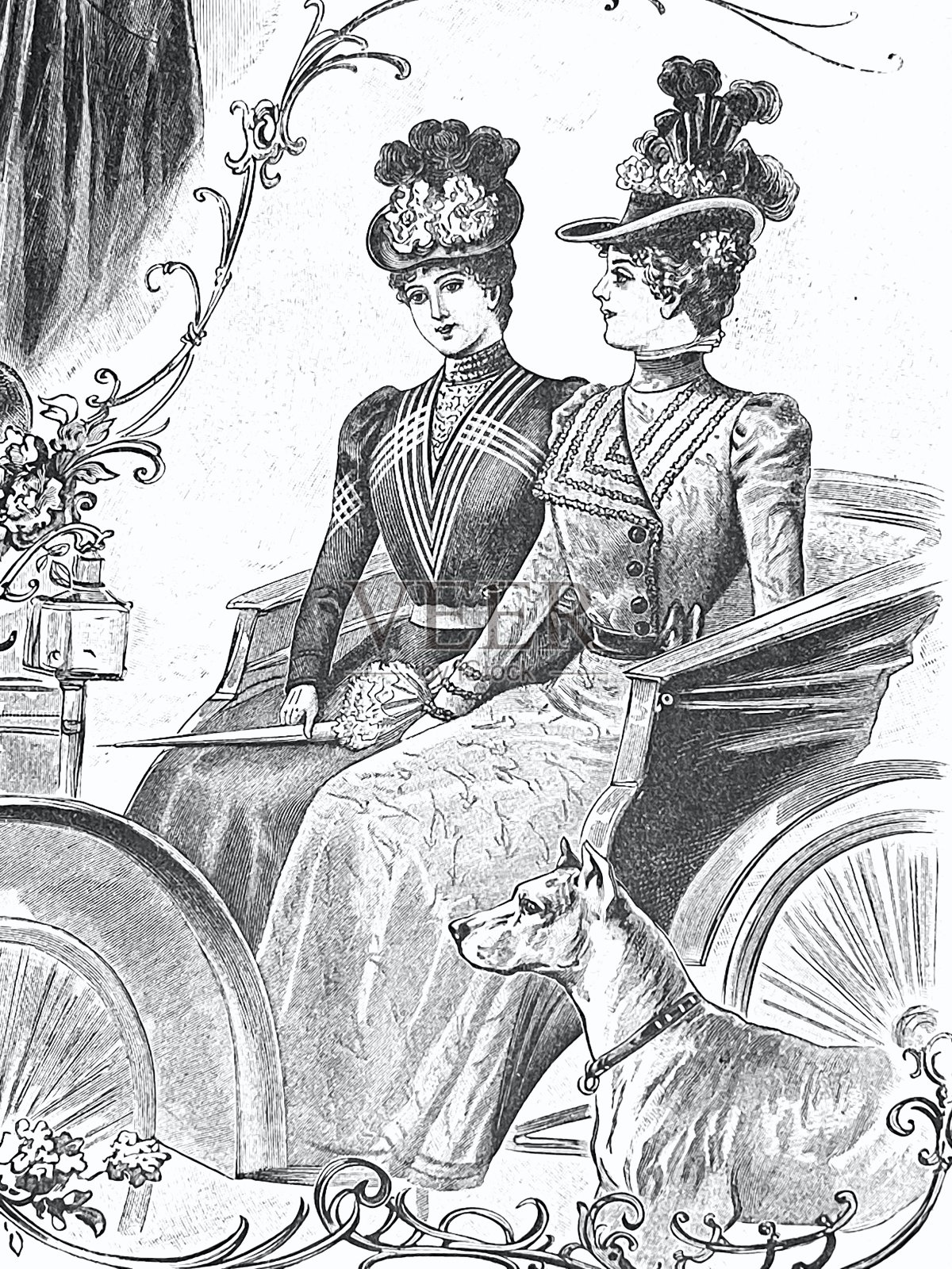 两个女人在一辆马车呈现新的优雅时尚插画图片素材