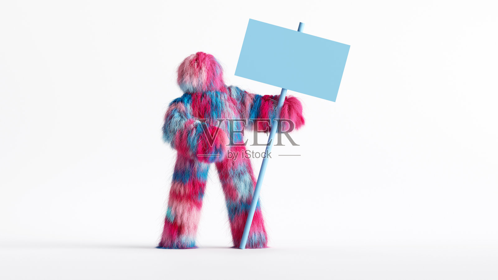 3d渲染，彩色毛茸茸的雪人卡通人物持有空白的横幅，有趣的毛茸茸的玩具，孤立在白色背景上的模型。罢工的概念照片摄影图片