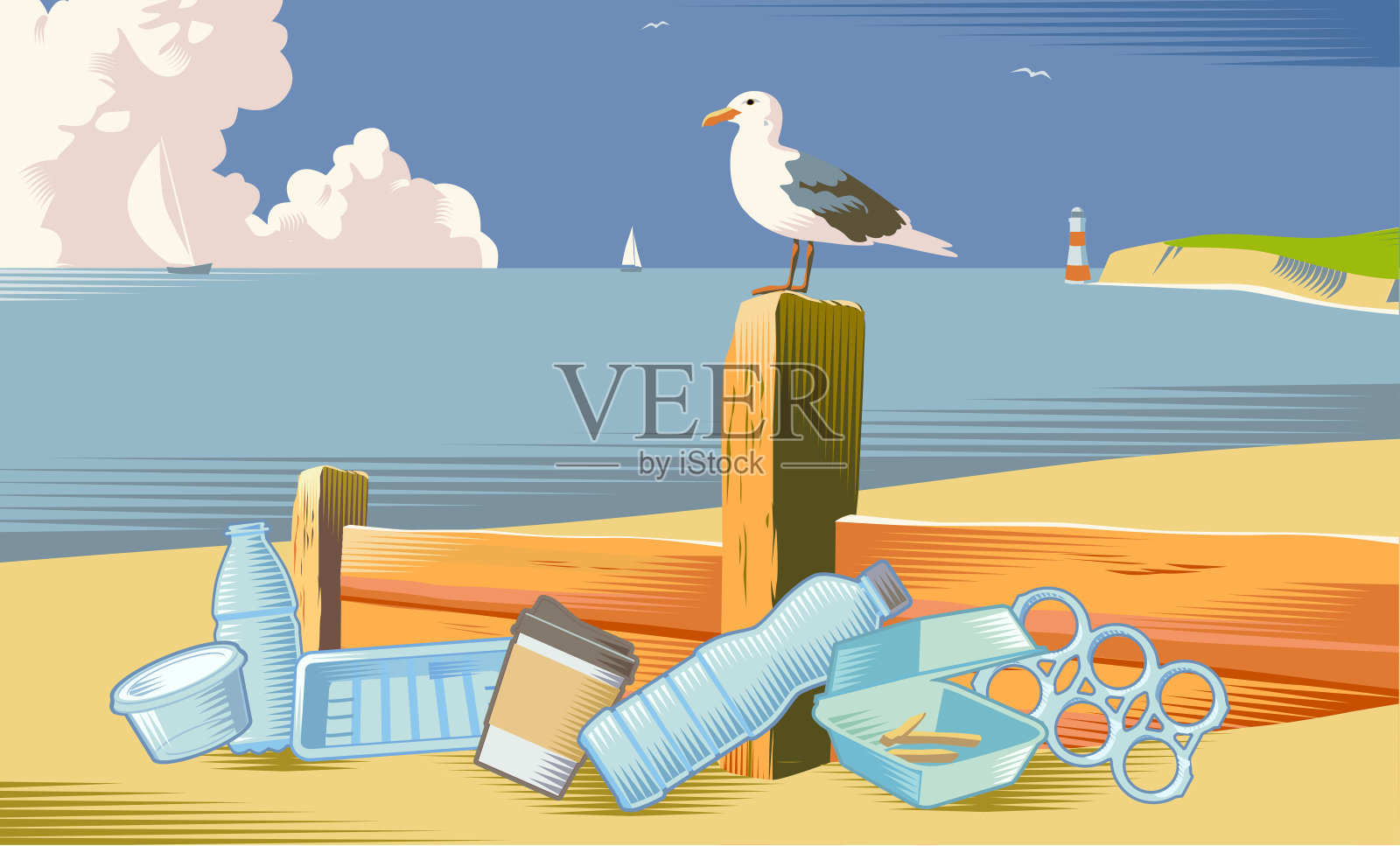 海边的沙滩上有垃圾插画图片素材