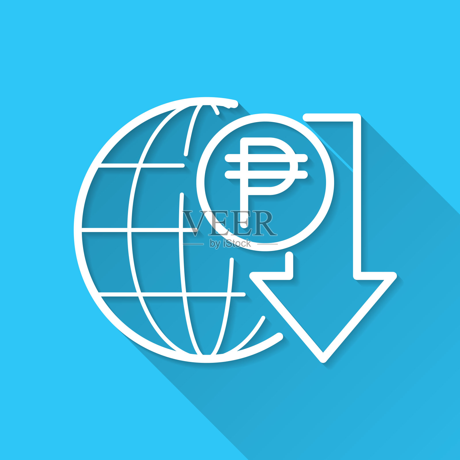 比索汇率下降。图标在蓝色背景-平面设计与长阴影插画图片素材