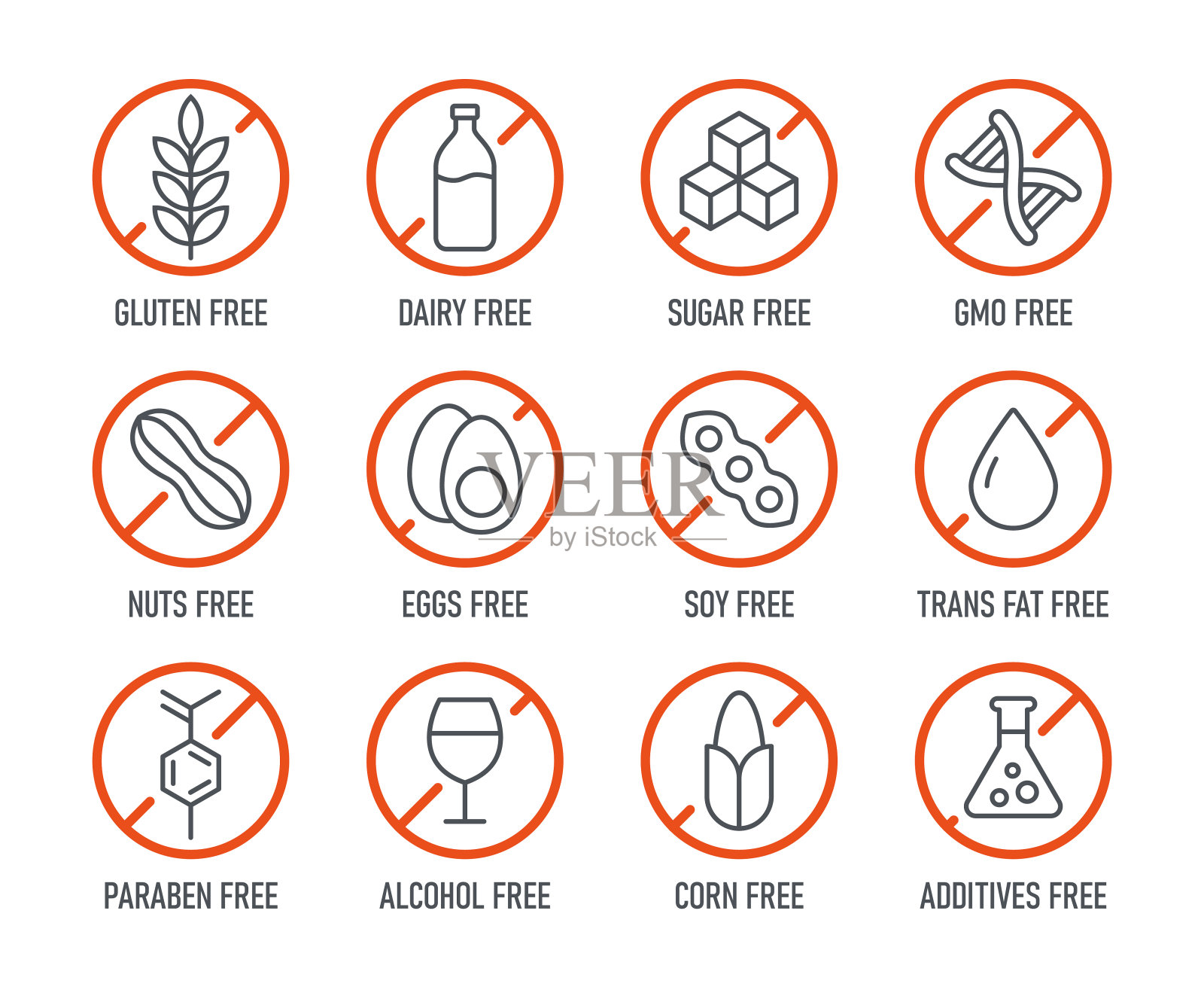 自然产品。过敏原。食物不耐受。一套图标-无乳制品，无麸质，无糖，无转基因，无坚果，无防腐剂。矢量插图。插画图片素材