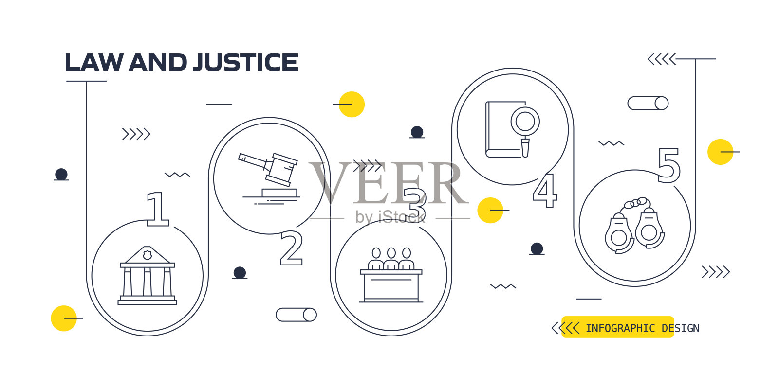 法律和正义矢量信息图。设计是可编辑的，颜色可以改变。矢量创意图标集:法庭，法律，法官，犯罪，证人，陪审团，调查插画图片素材