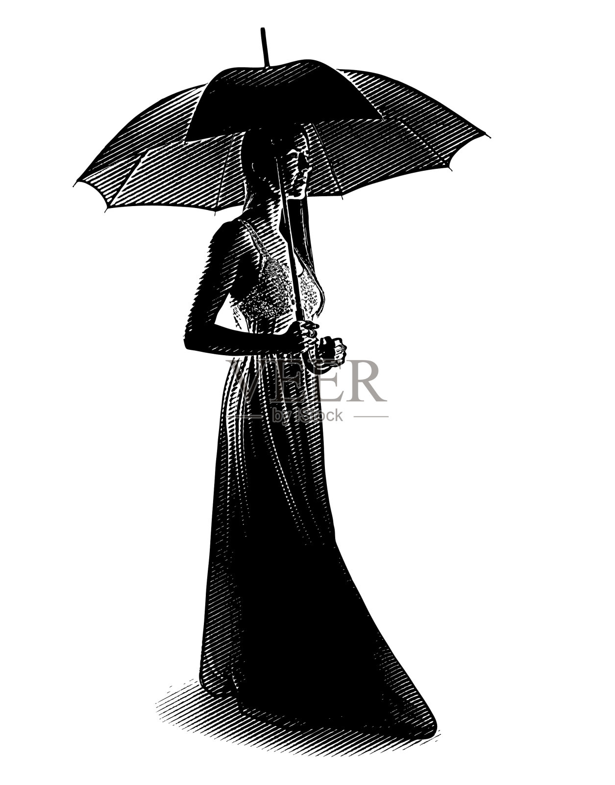 上面刻着一个拿着伞的女人的剪影插画图片素材