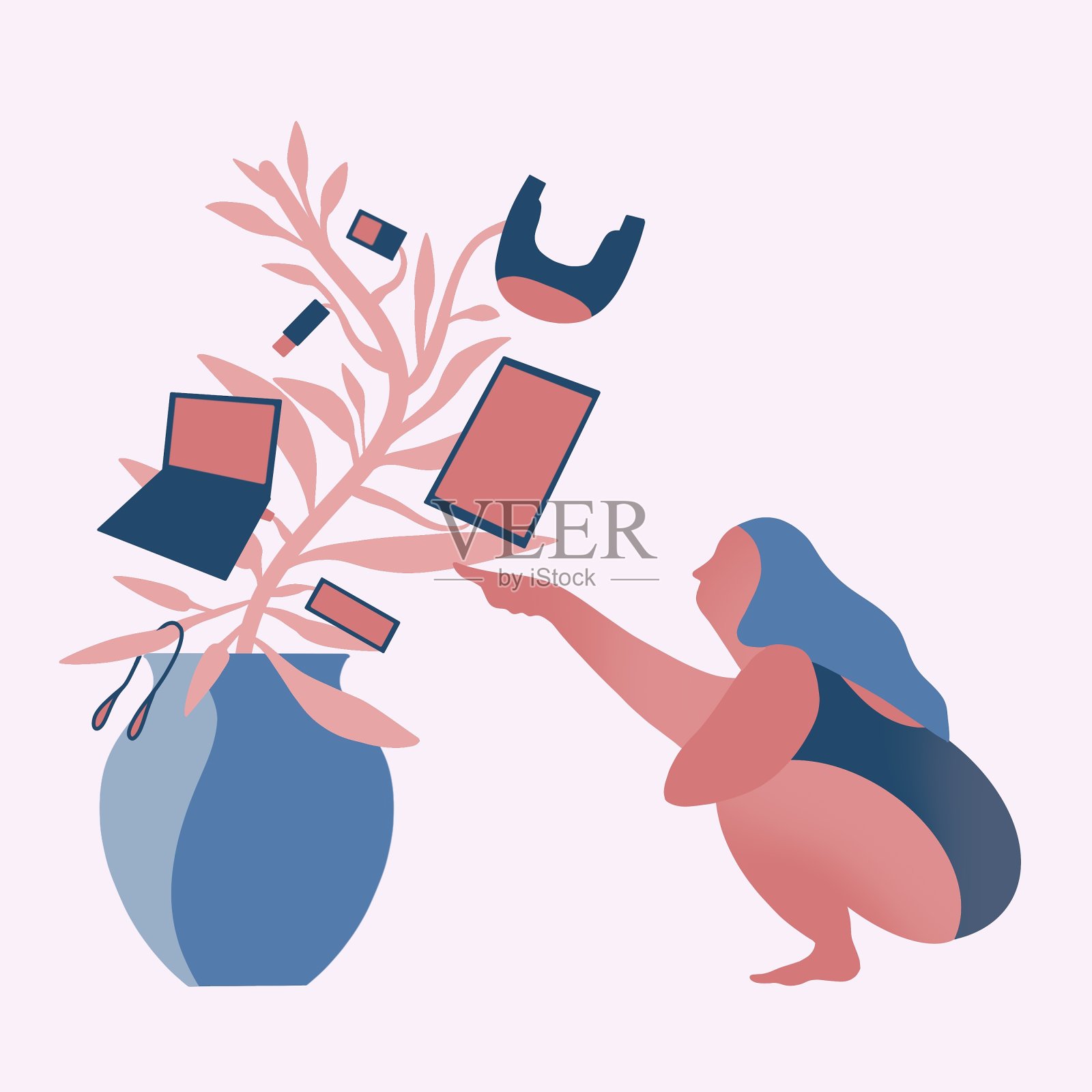 新冠肺炎后的未来概念、机器、设备、体重、妇女、生命。插画图片素材