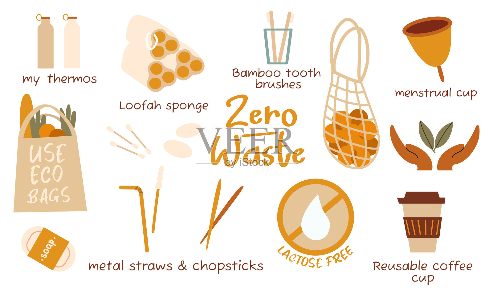 手绘元素的零浪费生活矢量。Eco的风格。没有塑料。走绿色插画图片素材