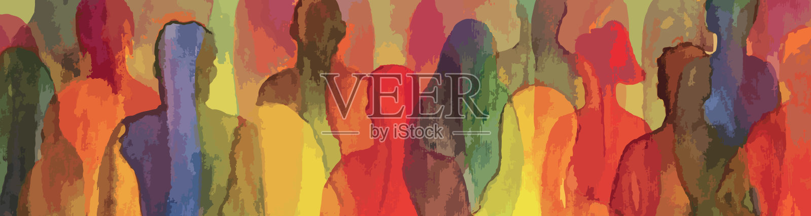 矢量插图的水彩画-剪影。难以辨认的男女肖像。一群人。插画图片素材