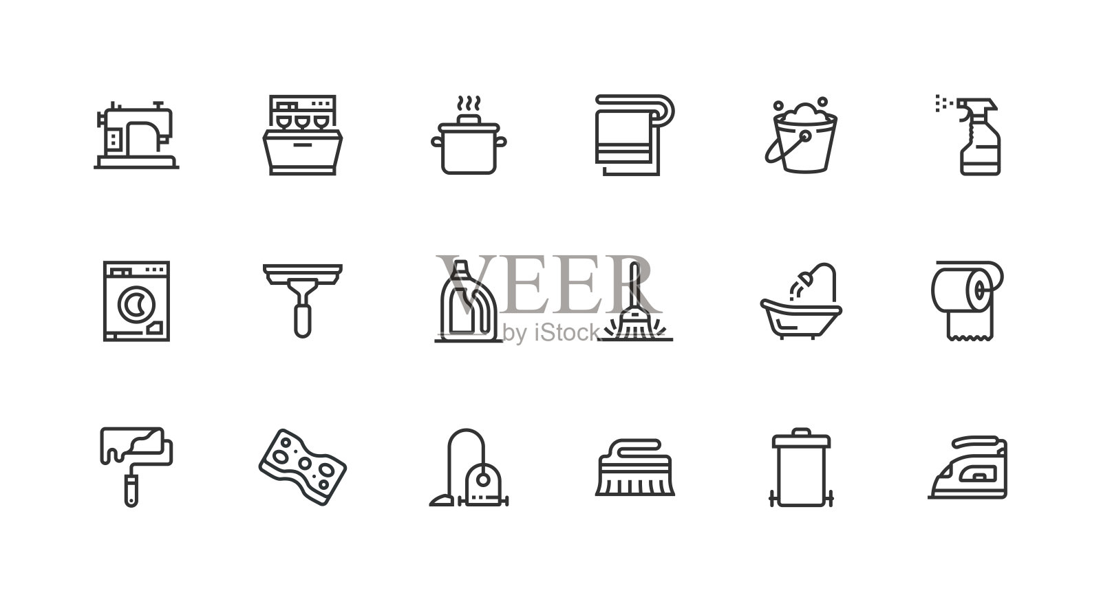 采购产品家务，卫生纸，洗衣机，熨斗，缝纫机，胡佛图标插画图片素材