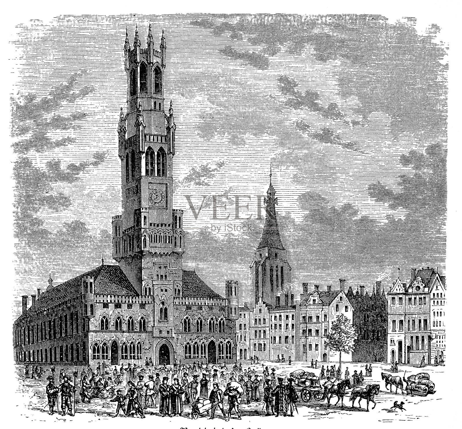 布鲁日钟楼，17世纪插画图片素材