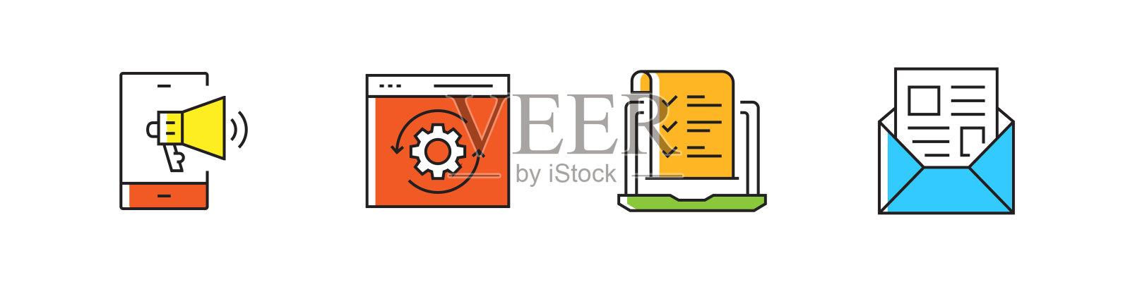 数字营销相关的矢量线图标。大纲符号集合插画图片素材