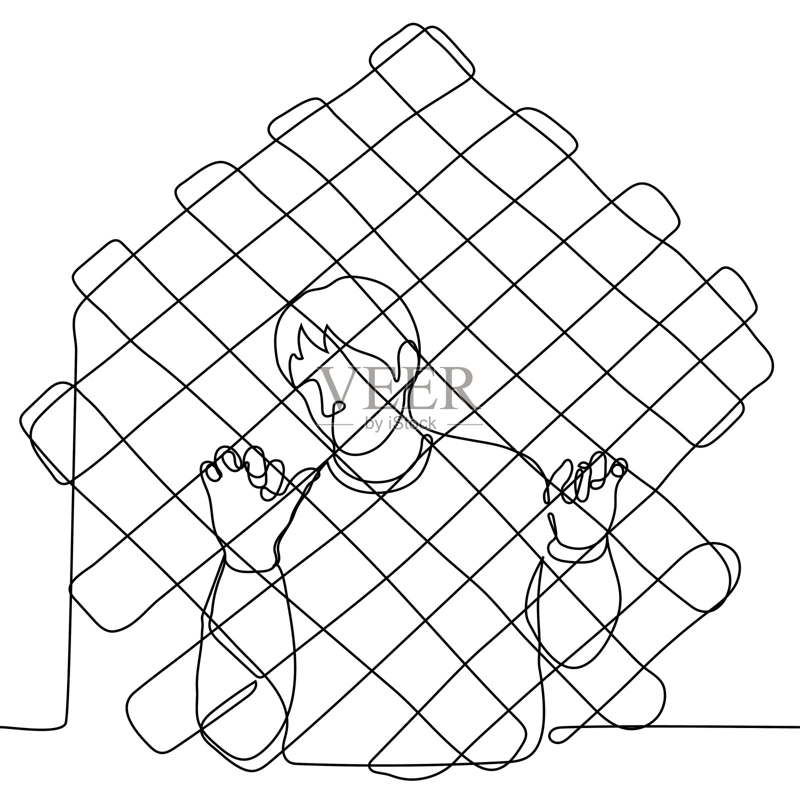 一个人站在铁丝栅栏后面，手指紧紧抓着栅栏，头歪着，画着一行。概念男人关在铁窗或铁丝墙后伤心插画图片素材