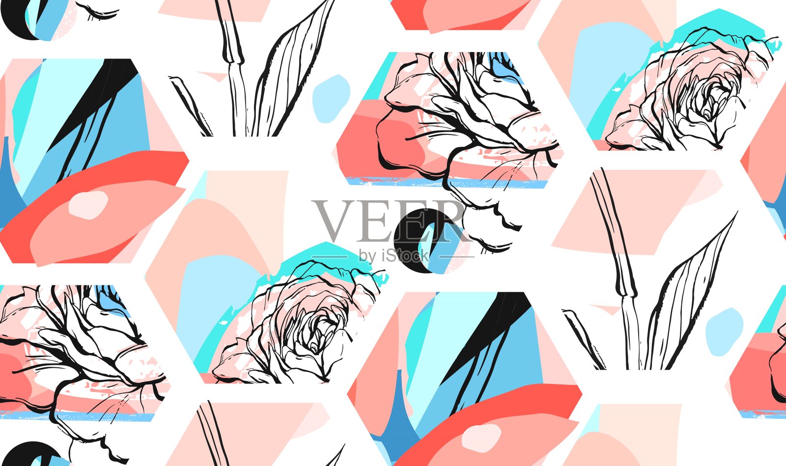 手绘矢量艺术通用纹理抽象无缝图案与六边形形状，纹理和自然花卉图案在柔和的颜色隔离在白色背景。插画图片素材