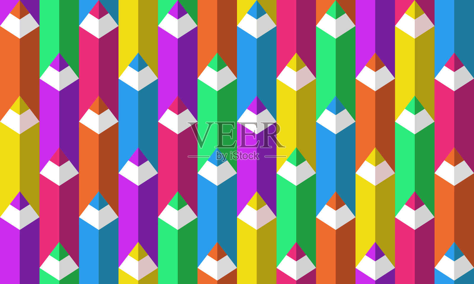 无缝几何图案与彩色铅笔在平面风格。向量。彩色铅笔在轴测学的图案，学校背景，背景传单的风格，回到学校插画图片素材