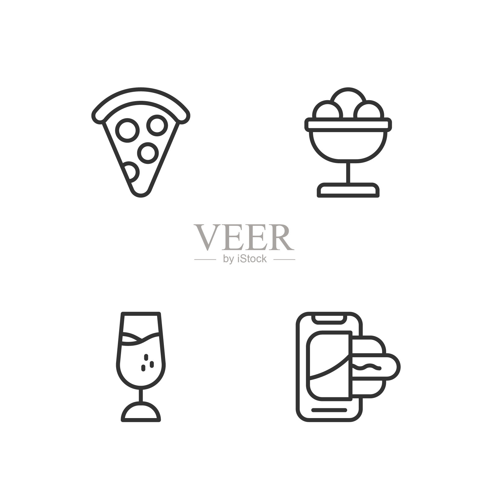 设置行食品订购移动，酒杯，披萨片和冰淇淋碗图标。向量图标素材