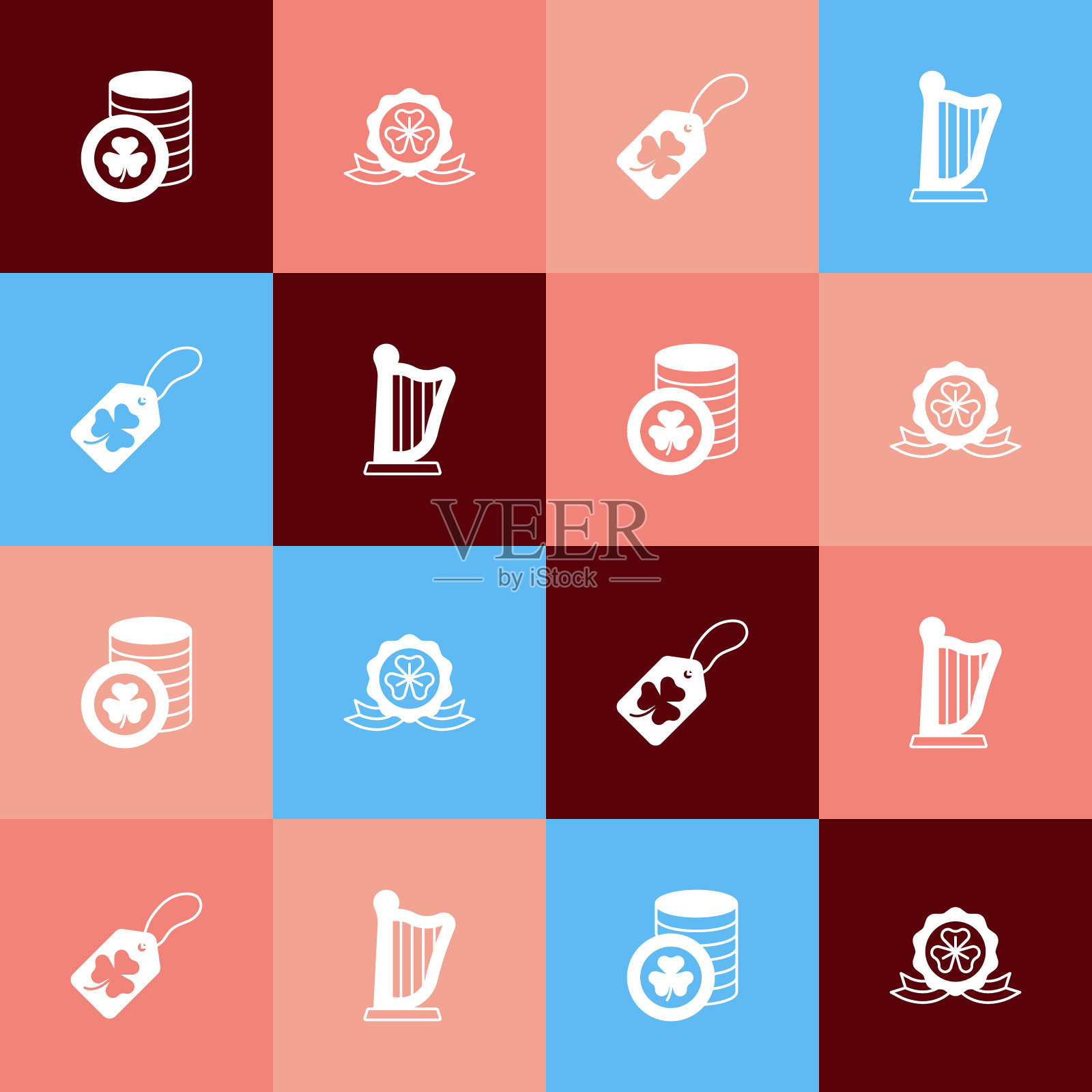 集流行艺术金妖精硬币，奖章与三叶草，三叶草叶标签和竖琴图标。向量插画图片素材