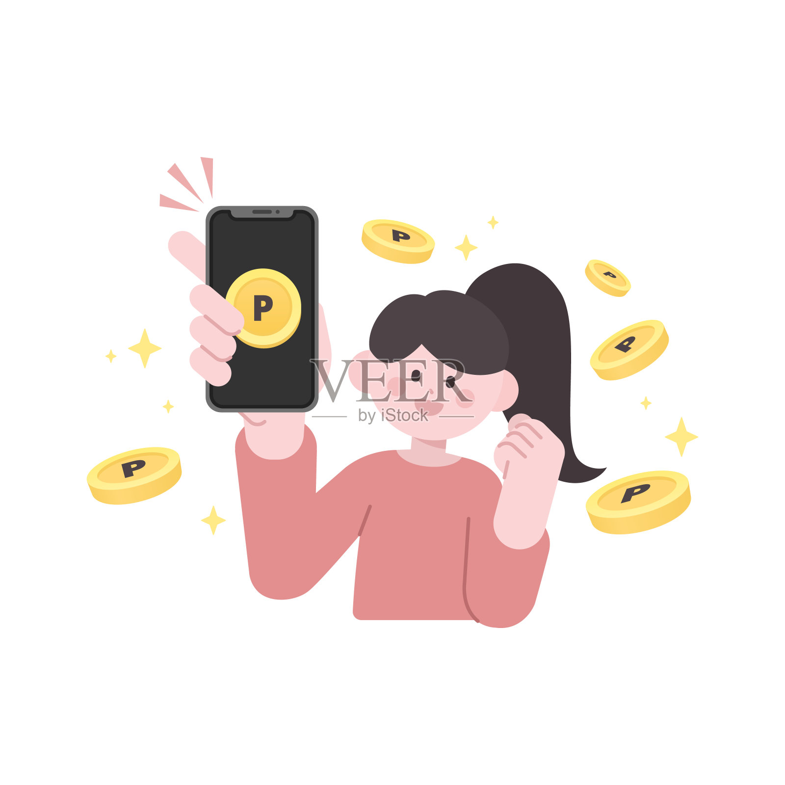 拿着智能手机和硬币效果的女人插画图片素材