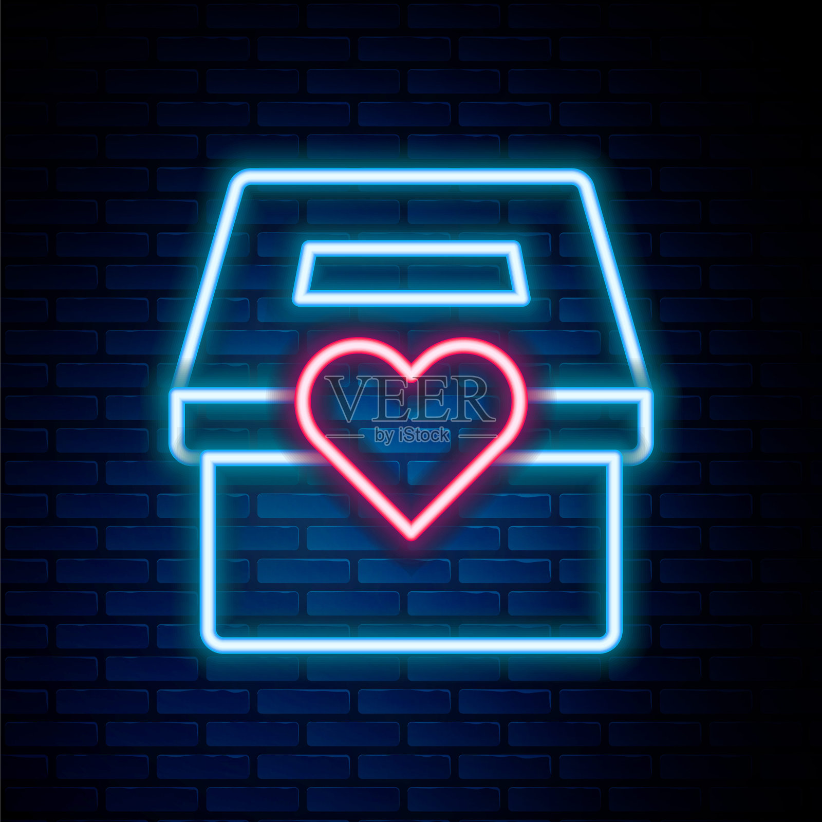 发光的霓虹灯线捐赠和慈善图标孤立的砖墙背景。捐钱和慈善理念。色彩缤纷的轮廓概念。向量插画图片素材