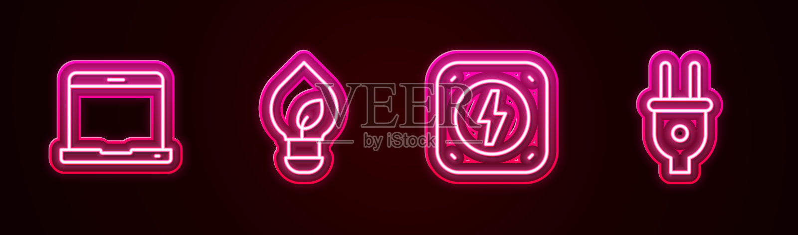 成套手提电脑，带叶灯泡，闪电螺栓和电源插头。发光的霓虹灯图标。向量图标素材