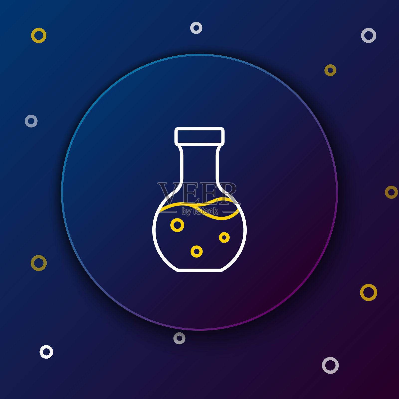 试管和烧瓶化学实验室测试图标隔离在蓝色背景上。实验室玻璃器皿标志。色彩缤纷的轮廓概念。向量插画图片素材