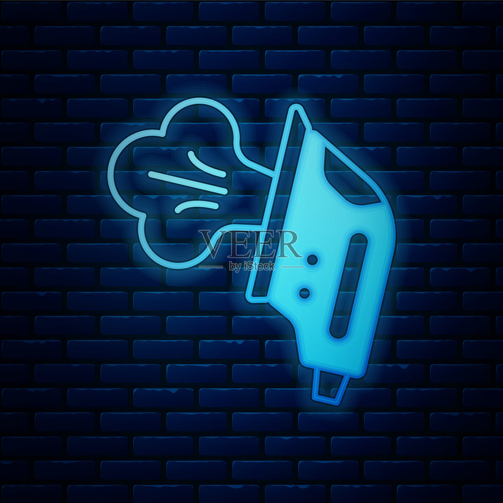 发光的霓虹灯电铁图标孤立的砖墙背景。蒸汽熨斗。向量插画图片素材