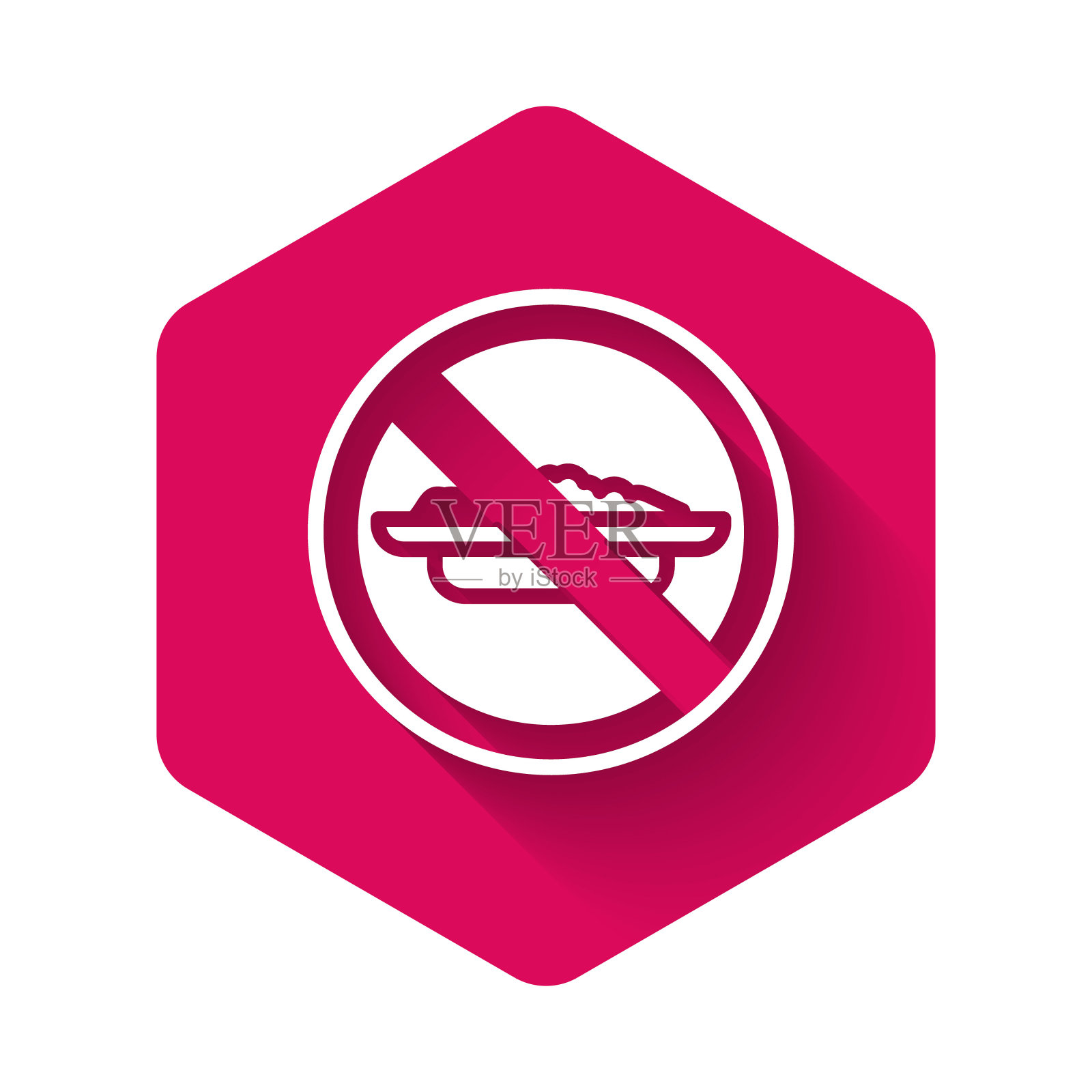 白色食品没有饮食图标孤立与长长的阴影。疗愈饥饿。粉红色六边形按钮。向量插画图片素材