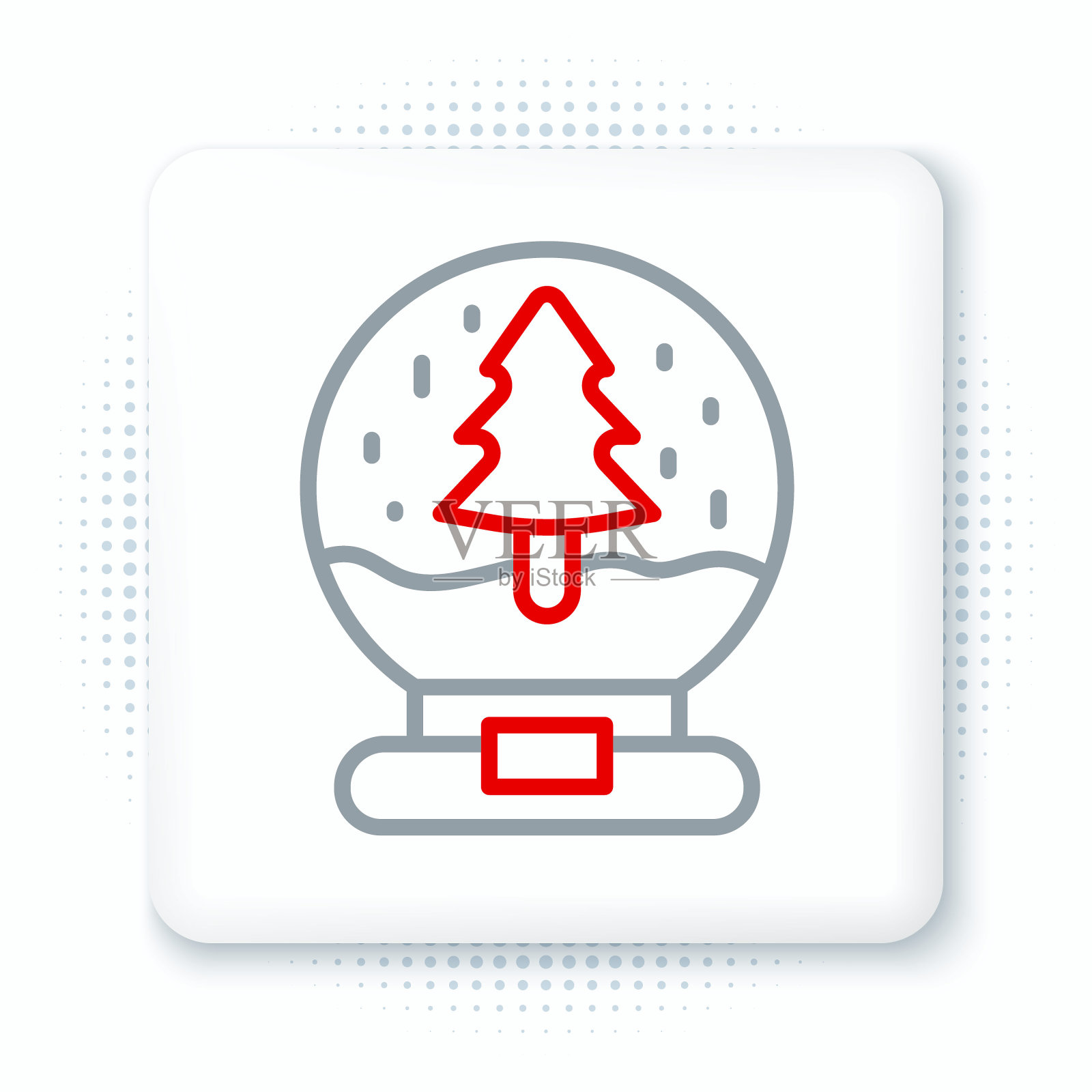 线圣诞雪花地球仪与飘落的雪和圣诞树图标孤立在白色背景。圣诞快乐，新年快乐。色彩缤纷的轮廓概念。向量图标素材