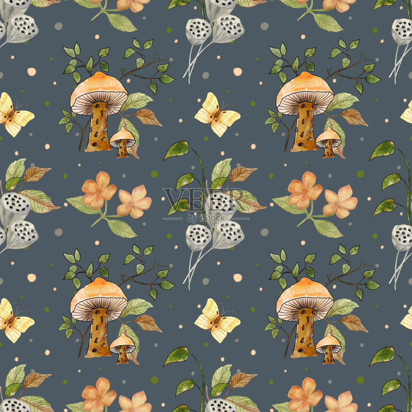 水彩无缝蘑菇图案。蘑菇，植物，花和蝴蝶的插图。深蓝色背景上的图案。插画图片素材