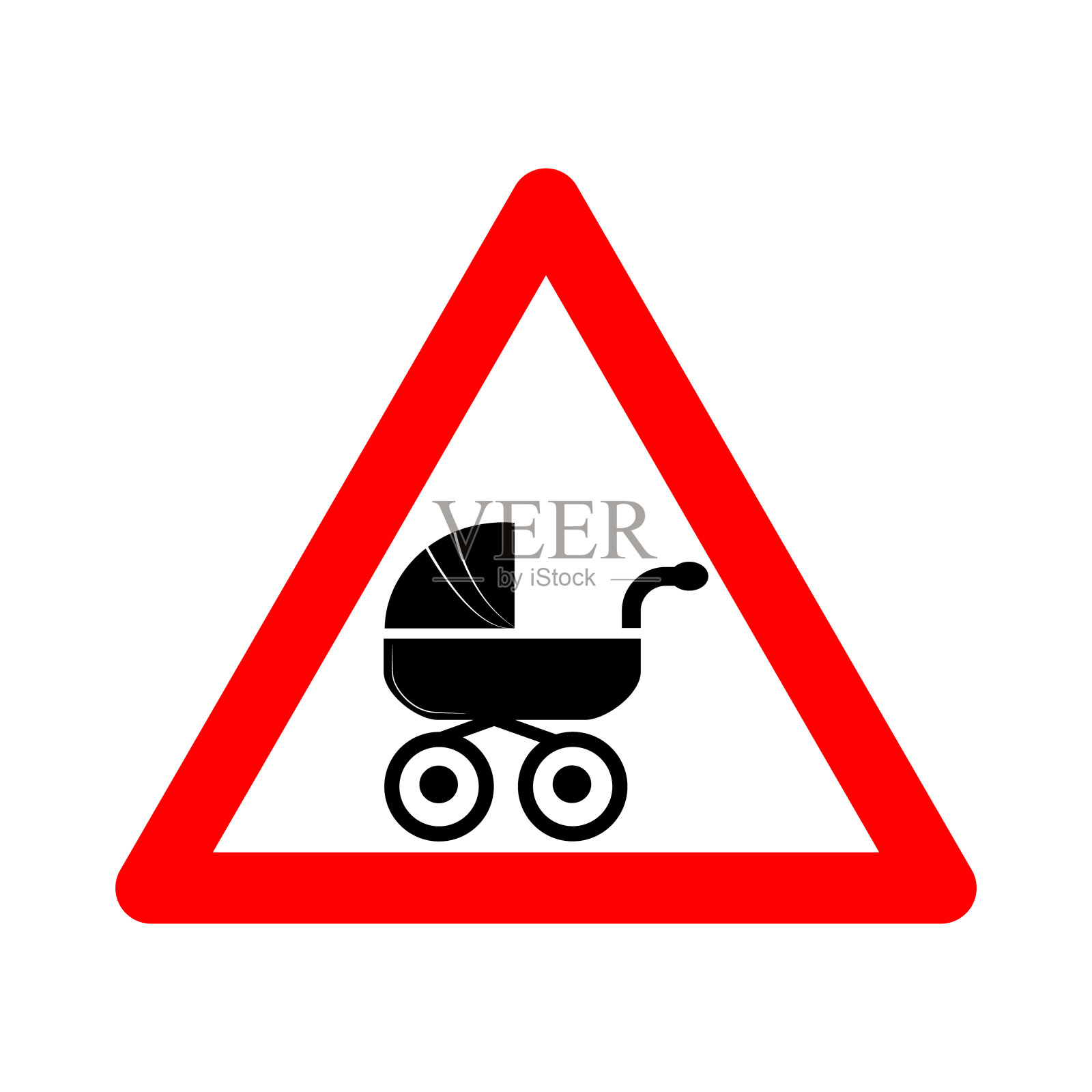 婴儿车标志。关于离开婴儿车的警告标志。红色三角标志，里面有婴儿车的轮廓。小心带孩子的母亲。婴儿车标志。路标。插画图片素材
