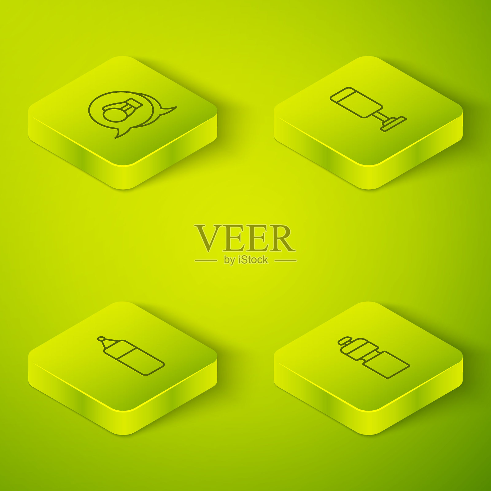 设置等距线沙袋，健身震动器和拳击手套图标。向量图标素材