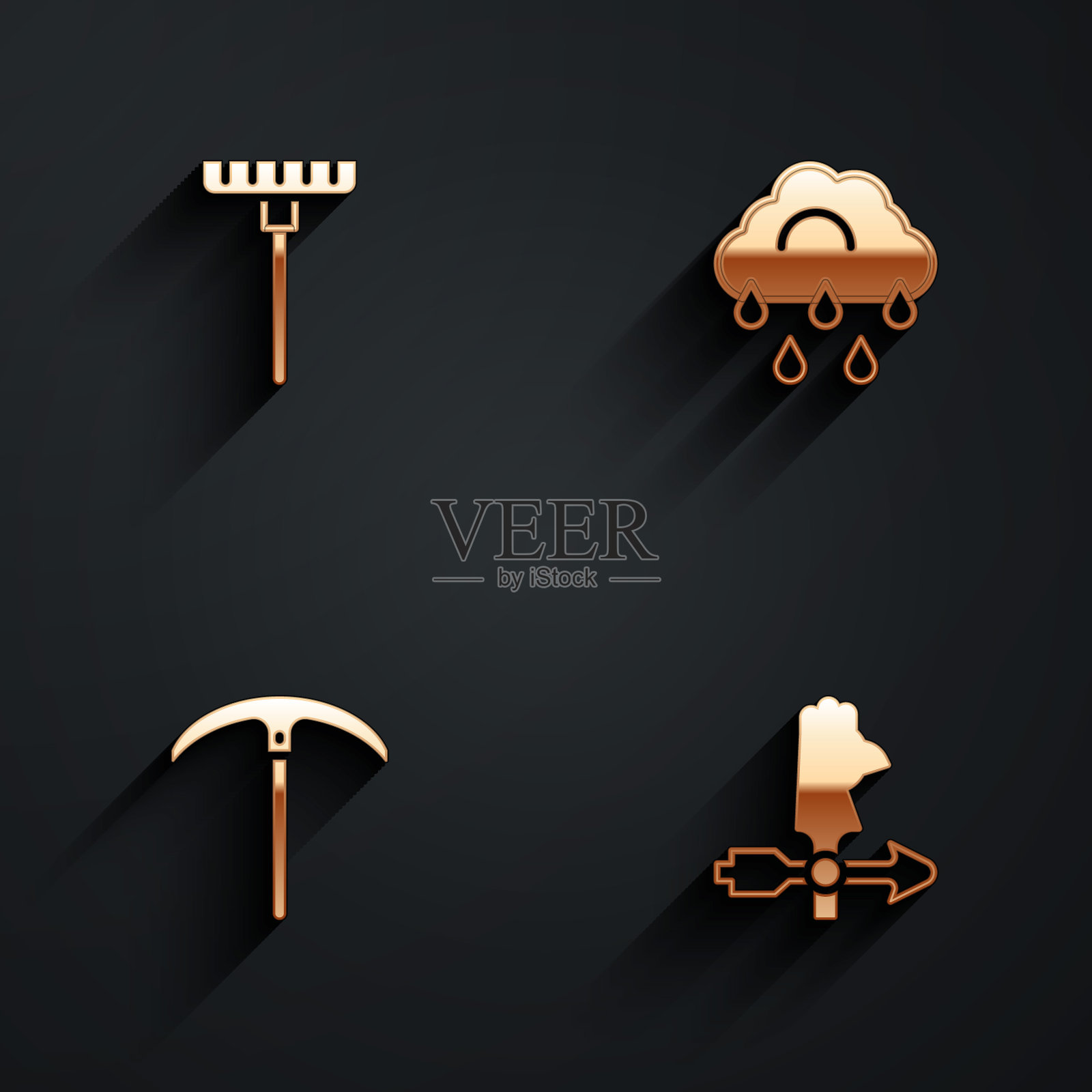 集花园耙，云与雨，鹤嘴锄和公鸡风向标图标与长阴影。向量图标素材