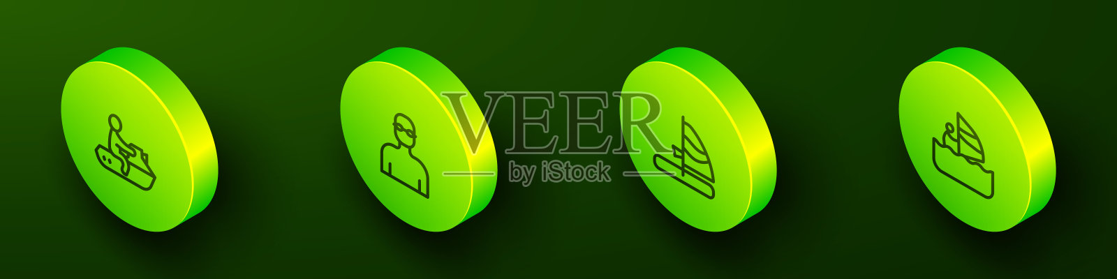 设置等距线喷气滑雪，游泳，风帆冲浪和图标。向量图标素材