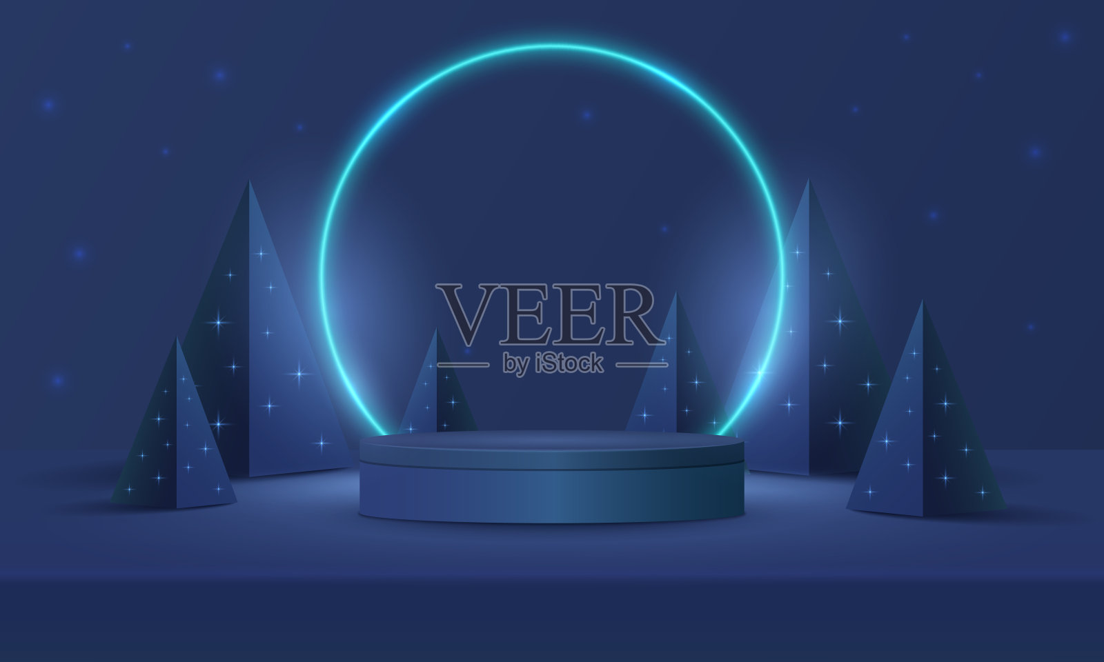 抽象逼真的3D圆柱基座裙台，圆形霓虹灯背景。红的、绿的金字塔圣诞树。最小的墙场景模型产品展示。圣诞快乐，新年快乐。插画图片素材