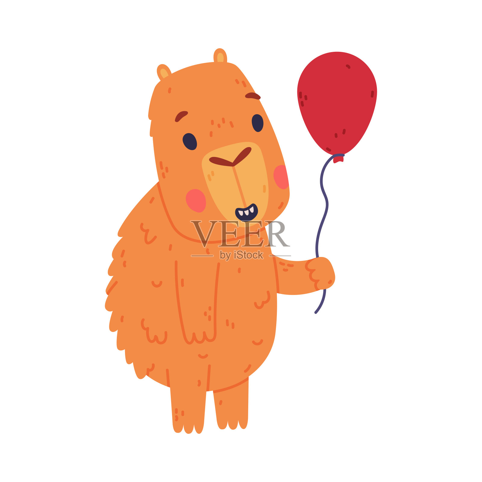 可爱的水豚宝宝带着红气球走着。有趣的动物南美卡通矢量插图插画图片素材