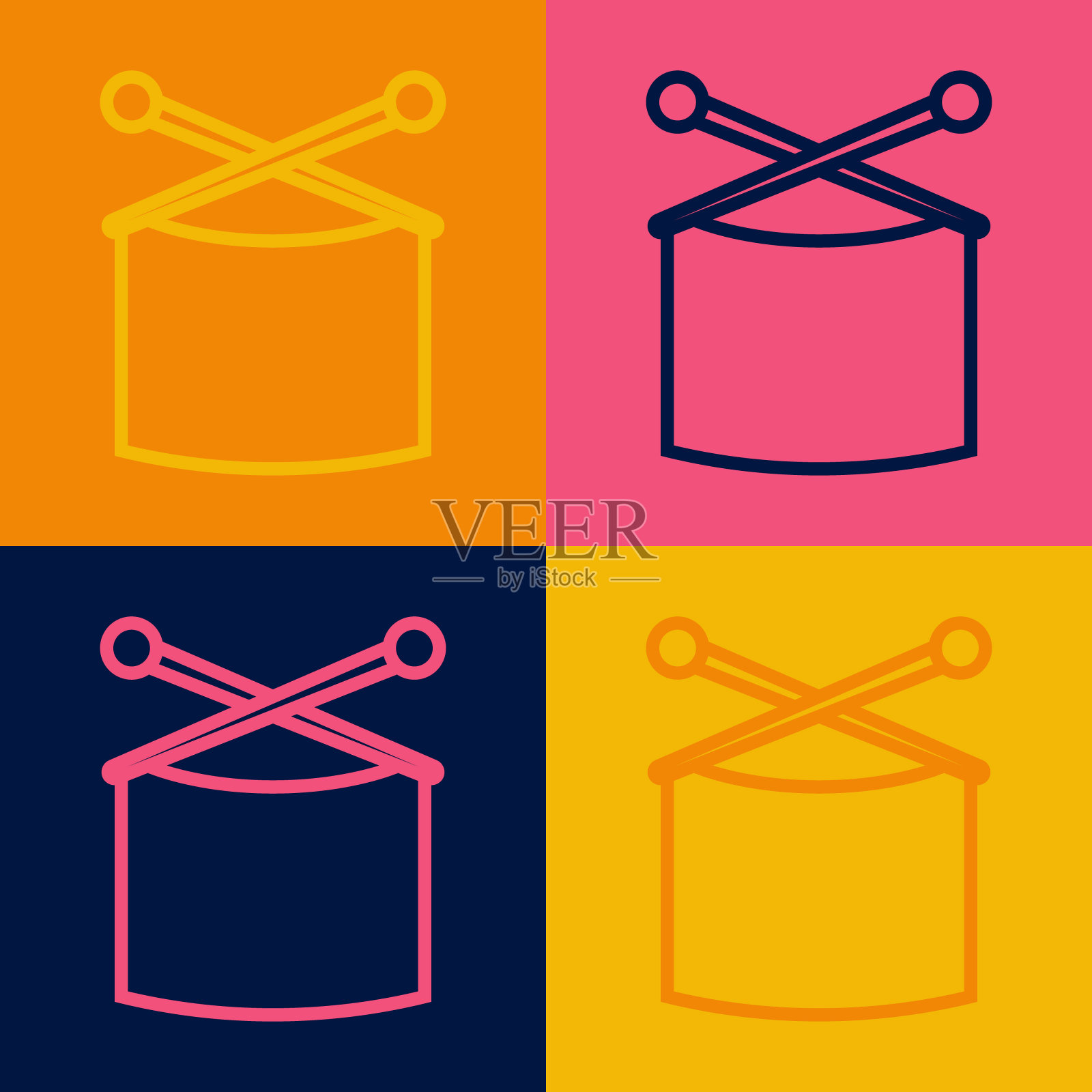 波普艺术线编织针图标孤立的彩色背景。手工制作，编织或裁缝店的标签。向量插画图片素材