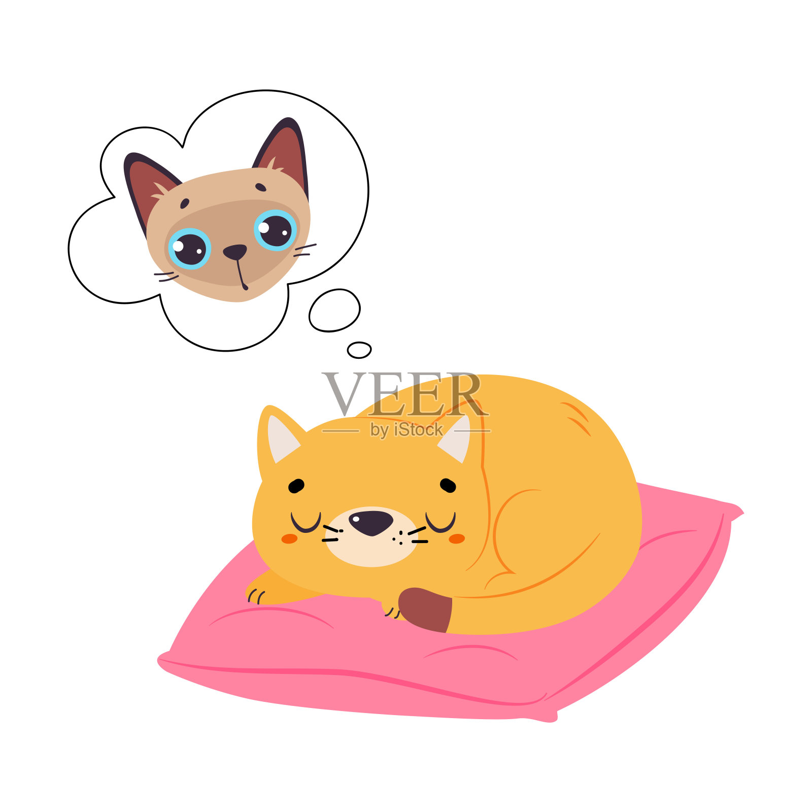 可爱的猫与姜色外套依偎在枕头上看到梦想矢量插图插画图片素材
