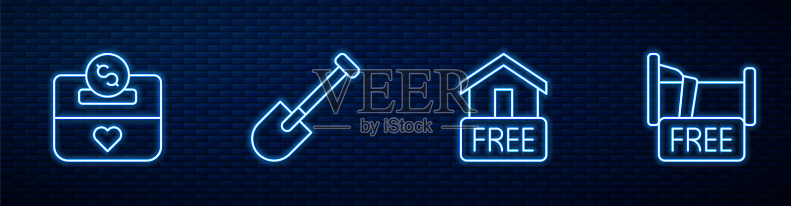 免费送货上门，捐赠慈善，铲和过夜留宿。砖墙上发光的霓虹灯图标。向量插画图片素材
