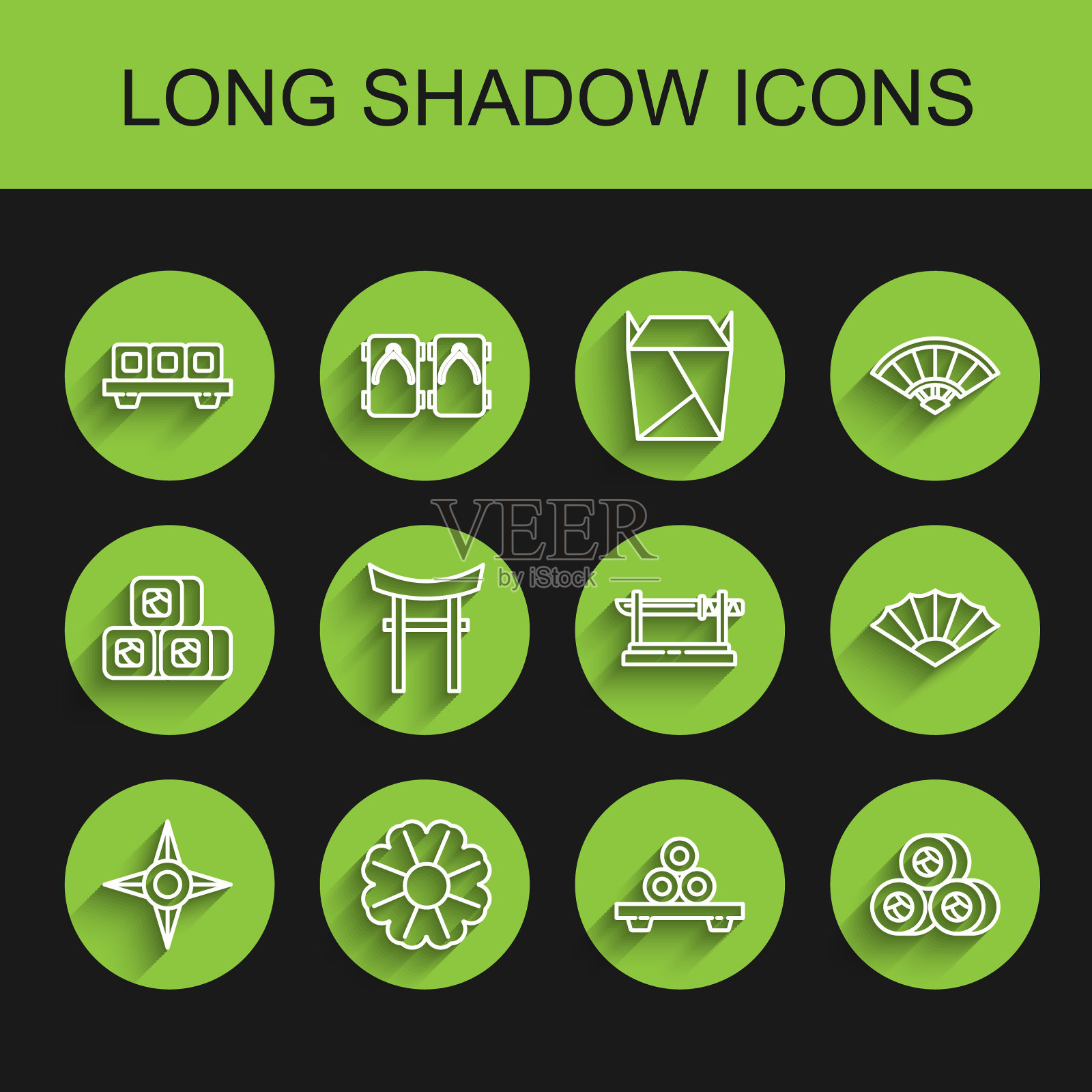 设置线日本忍者神剑，花，寿司砧板，门，纸中国或日本折扇和传统武士刀图标。向量插画图片素材