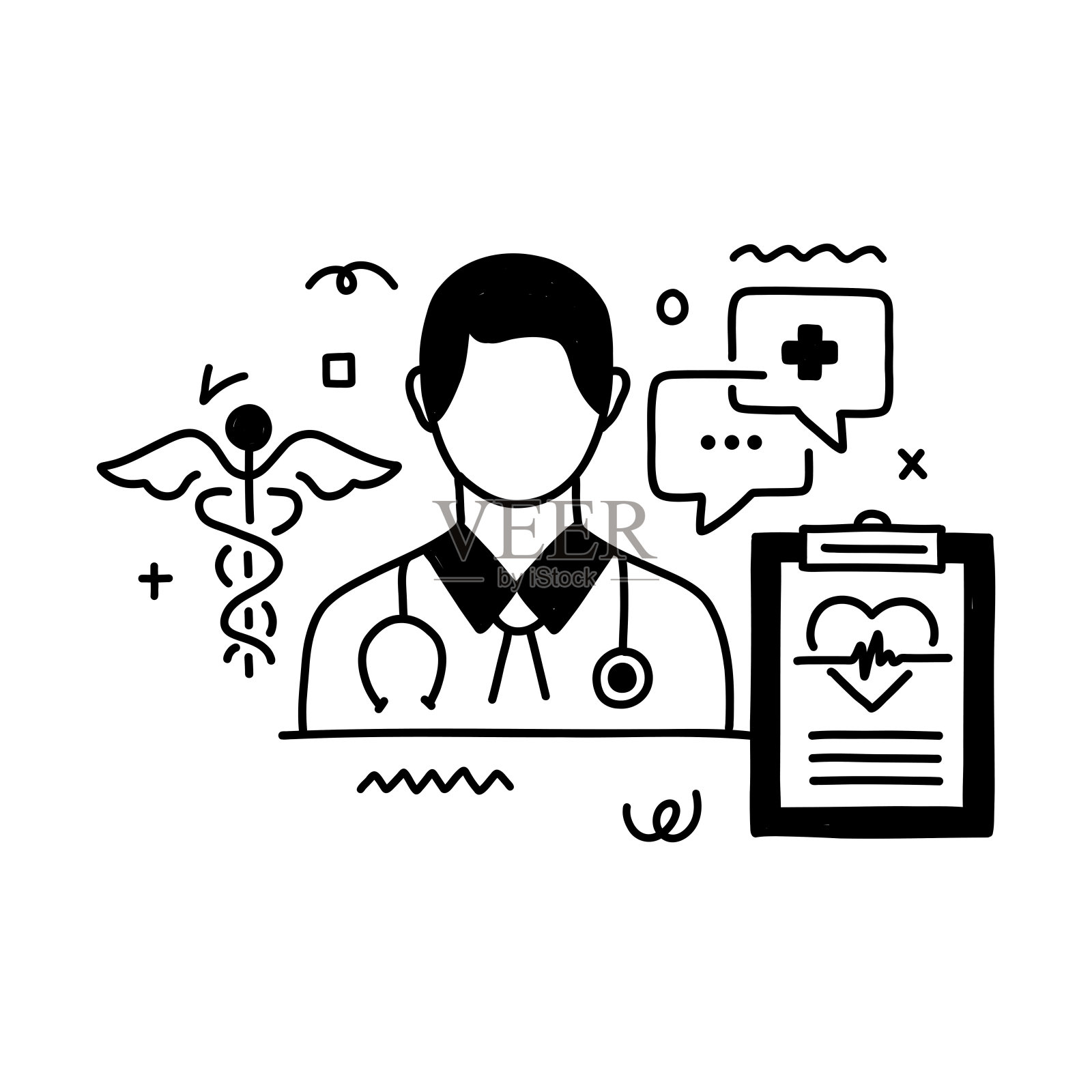 医疗咨询相关设计与线图标。医疗保健、医生、病人、医疗记录、保护。插画图片素材